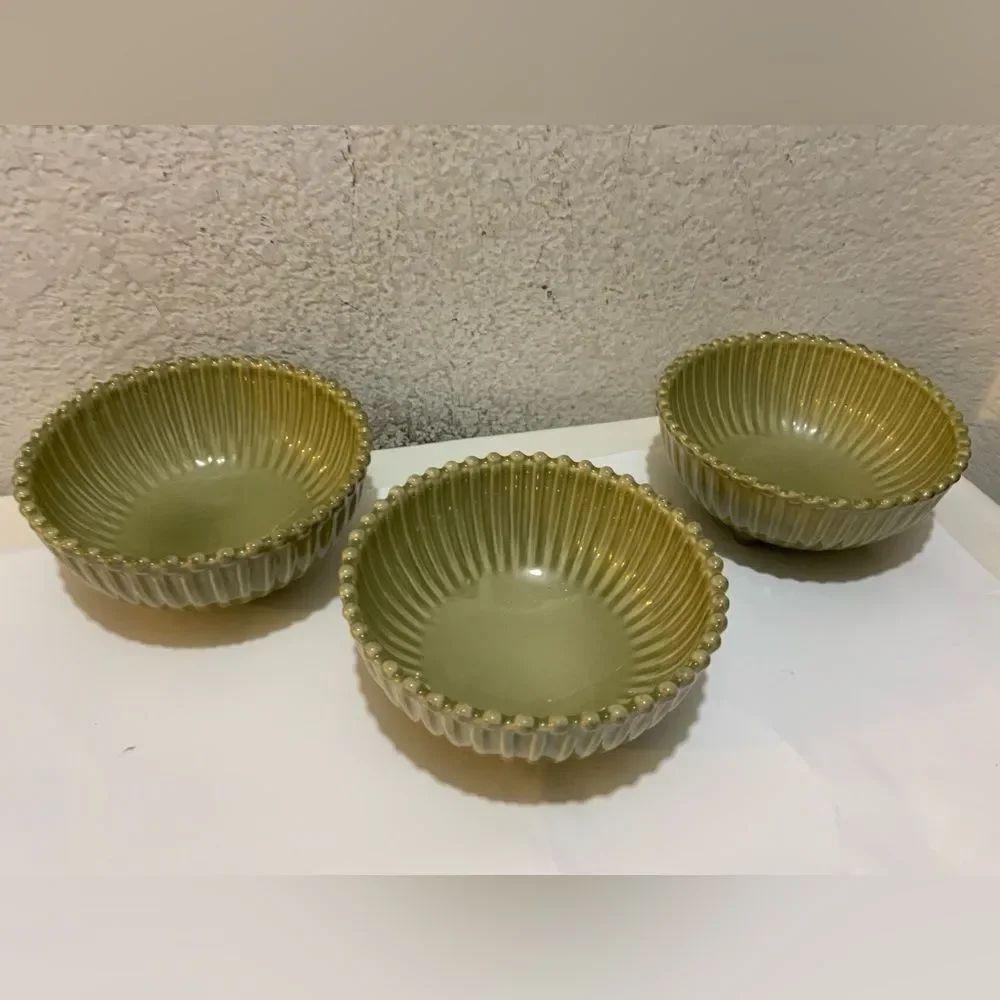 3 Pc Costa Nova Fine Stoneware Pearl Green Dipping Sauce Bowl Beaded Rim